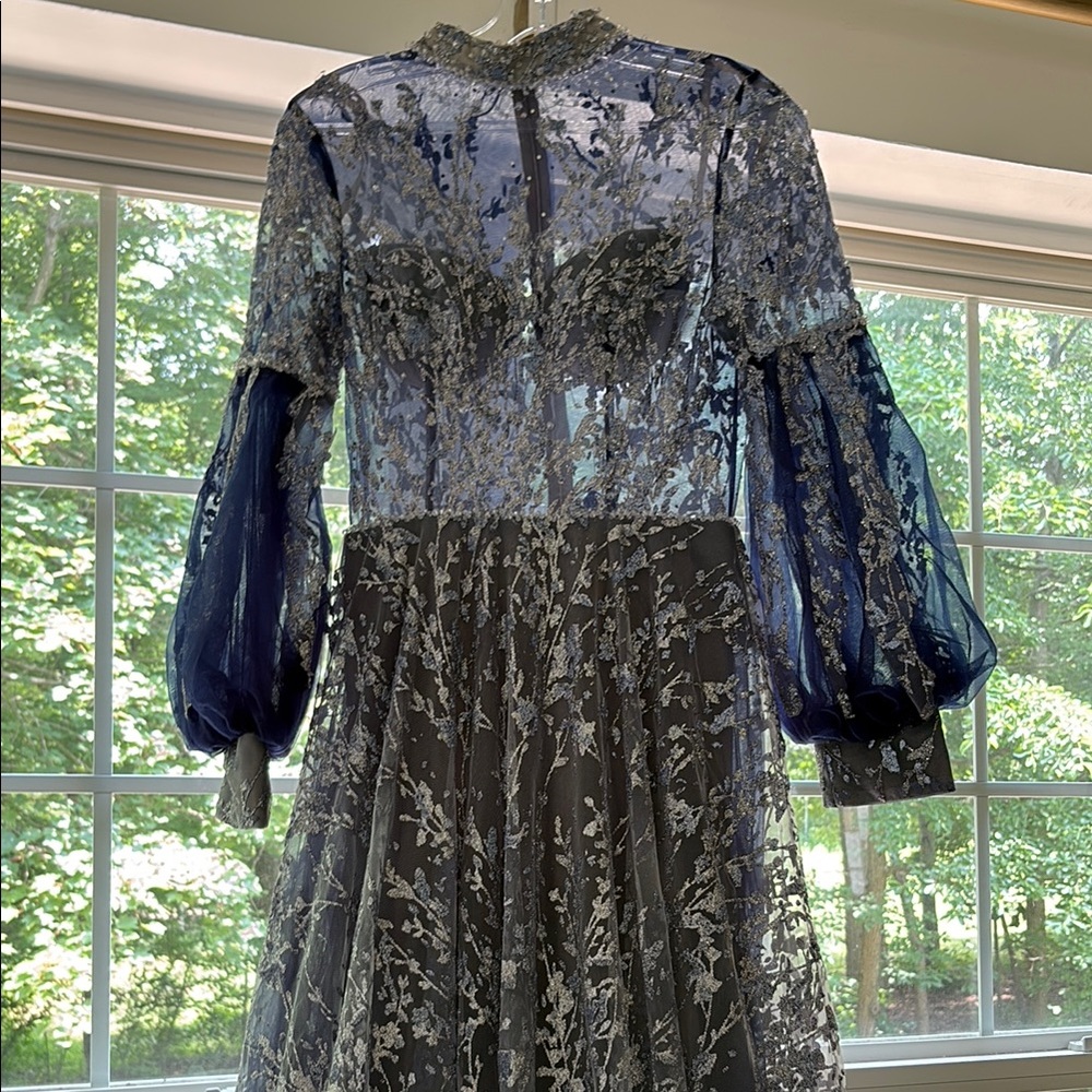 Elegant Blue and Silver Lace Dress